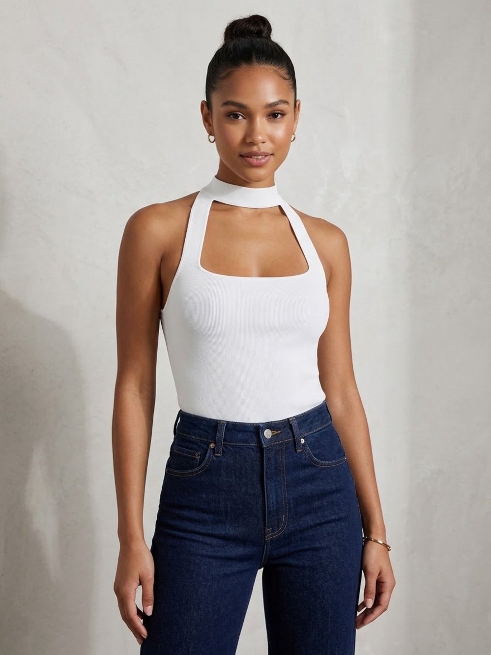 White Halter Cutout Ribbed Tank Top - Picture 2 of 3
